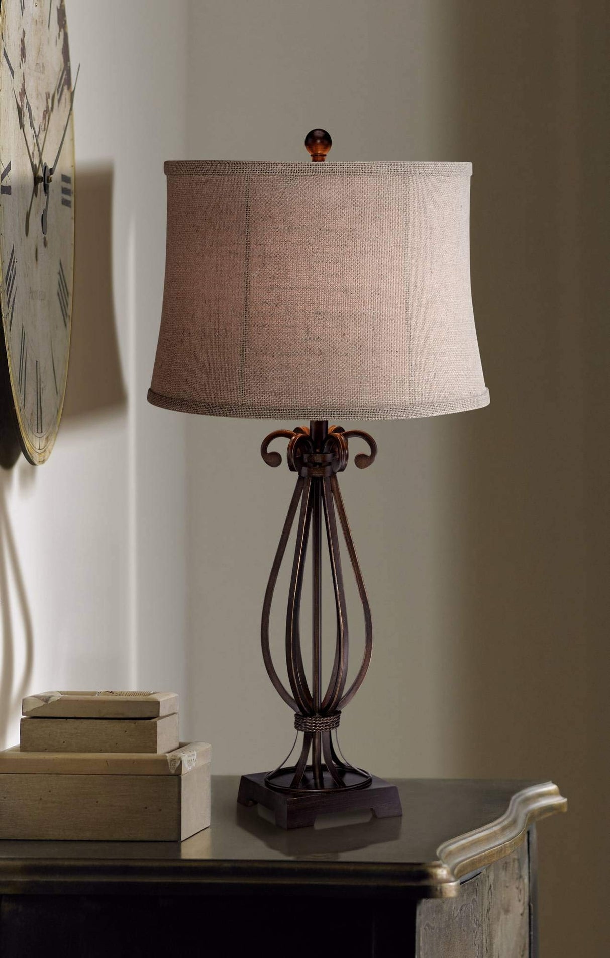 Regency Hill Taos Traditional Style Table Lamp 32" Tall Iron Open Scroll Metal Base Neutral Burlap Fabric Shade Decor for Living Room Bedroom House Bedside Nightstand Home Office Entryway