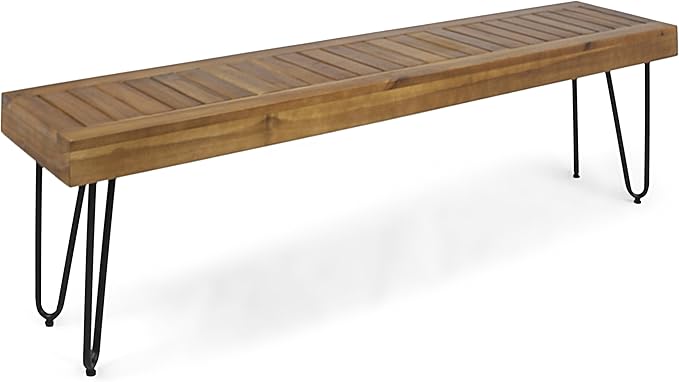 Abbet Outdoor Industrial Wood Bench, Teak/Black Metal