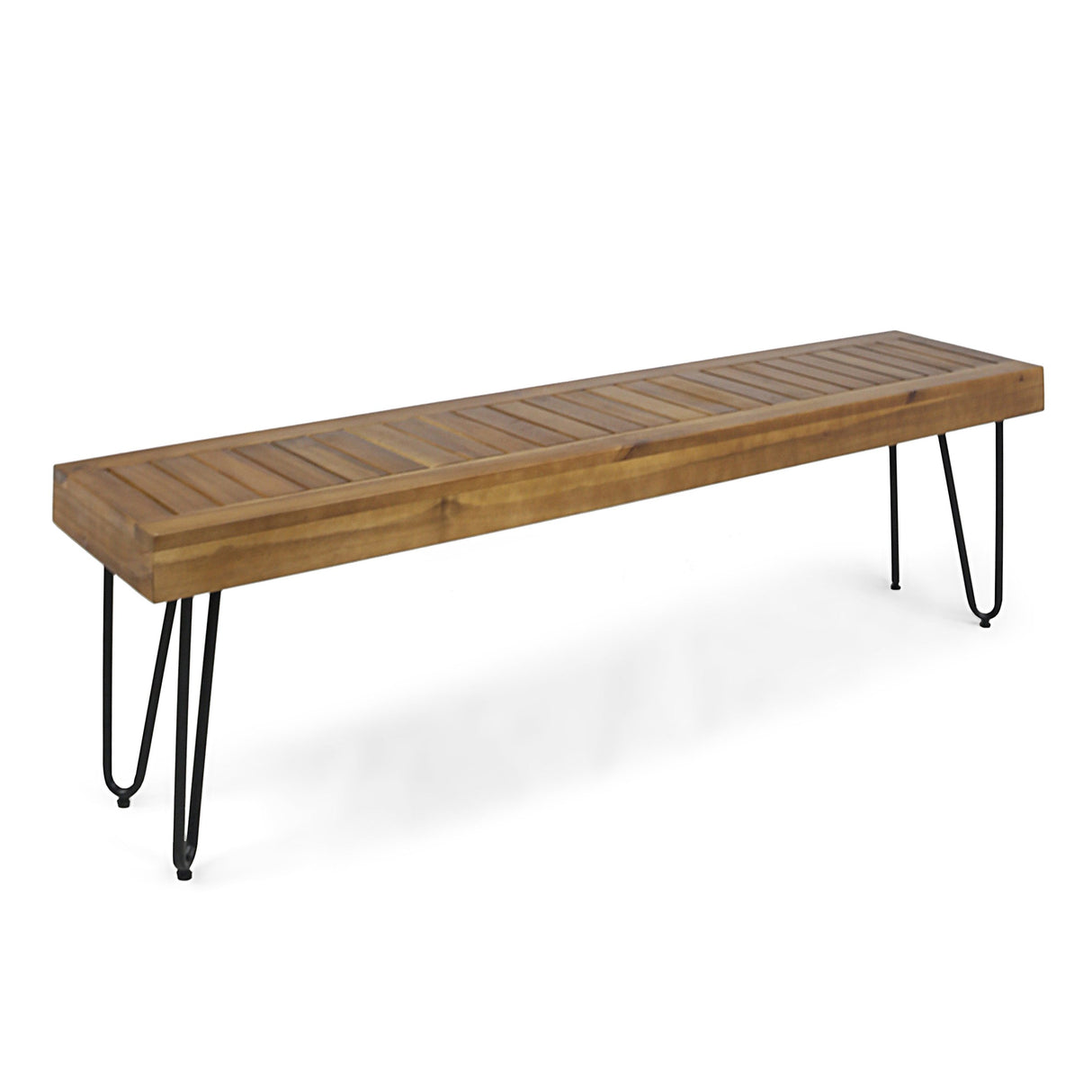 Abbet Outdoor Industrial Wood Bench, Teak/Black Metal