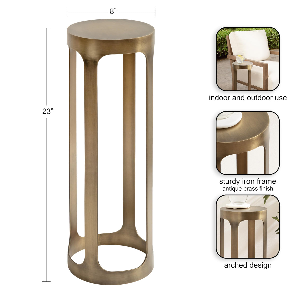 Kate and Laurel Dahl Modern Metal Round Outdoor Drink Table, 8 x 8 x 23, Antique Brass, Circle Accent Pedestal Patio Mini Table for Use as Living Room Plant Stand or Small Bedroom Nightstand