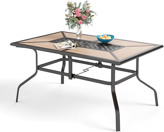 Rectangular Outdoor Dining Table with 1.6"-2" Adjustable Umbrella Hole