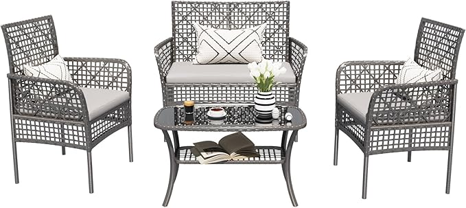 4 Pieces Outdoor Patio Furniture Set,PE Rattan Wicker Garden Conversation Chairs