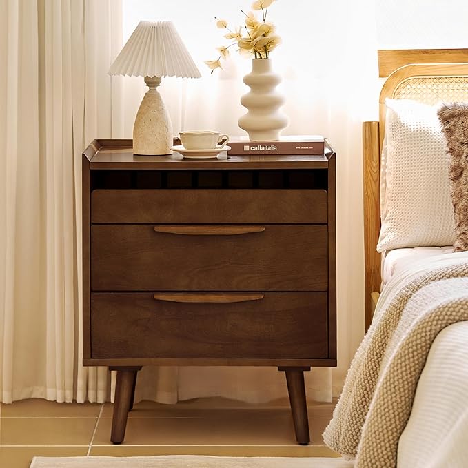 Nightstand with Charging Station, Mid-Century Modern 2 Drawer and Open Shelf Bedside