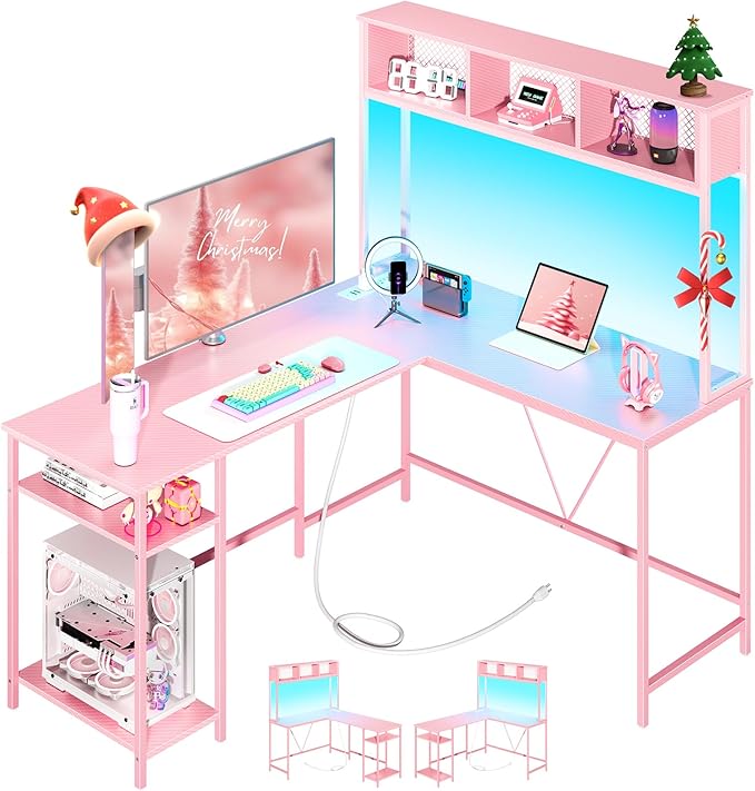 Shaped Desk Gaming Desk with LED Strip & Power Outlet, Reversible L-Shaped Computer