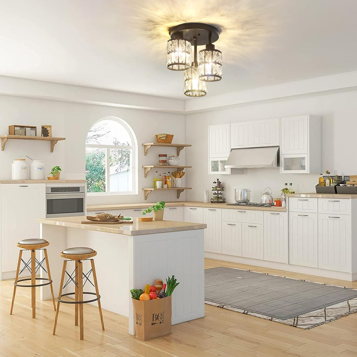 Semi Flush Mount Ceiling Light, 3-Light Close to Ceiling Light Fixture Black Small Crystal