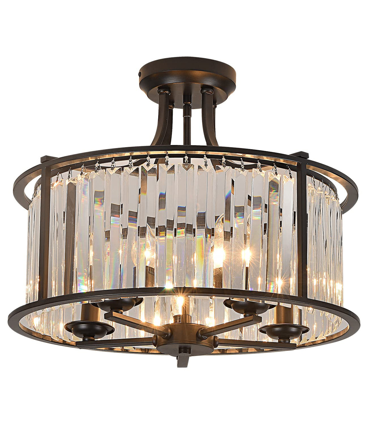 5-Light Black Semi Flush Mount Crystal Chandelier Metal Modern Ceiling Light