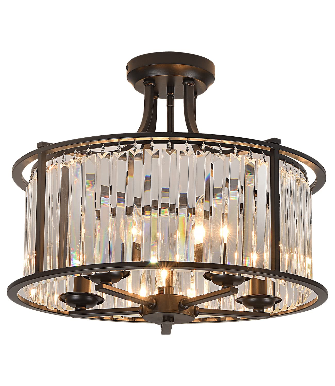 5-Light Black Semi Flush Mount Crystal Chandelier Metal Modern Ceiling Light