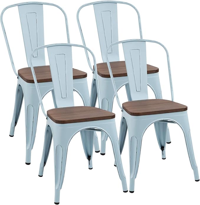Metal Dining Chairs with Wood Seat, Indoor-Outdoor Use Stackable Chic Dining Bistro