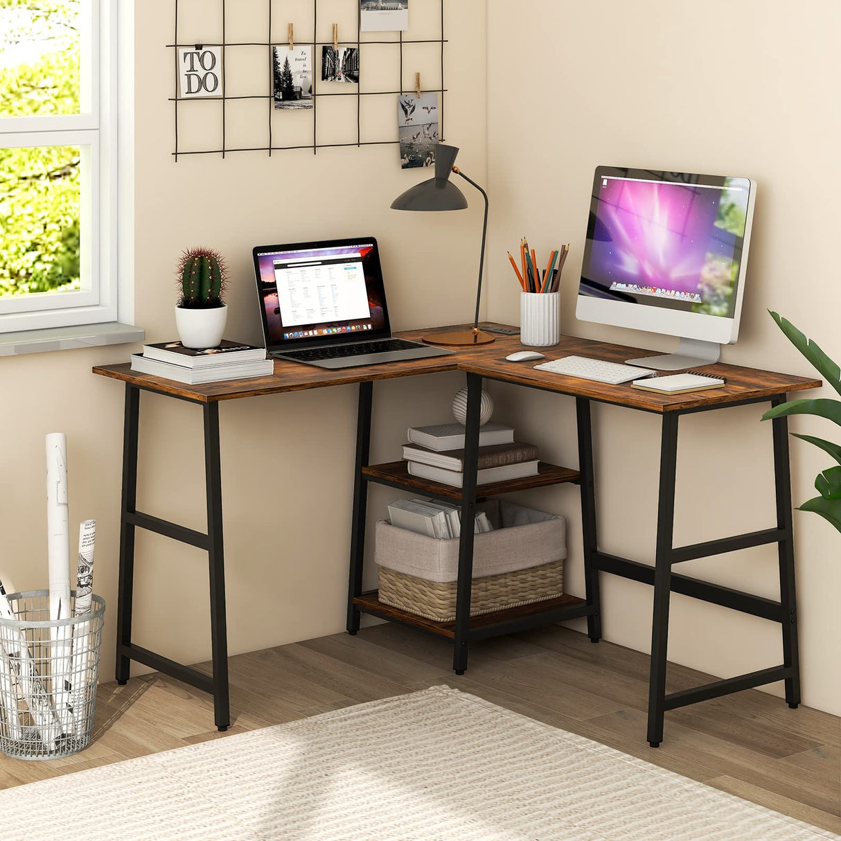 48” L Shaped Computer Desk, Corner Study Writing Desk with Outlets & USB Ports