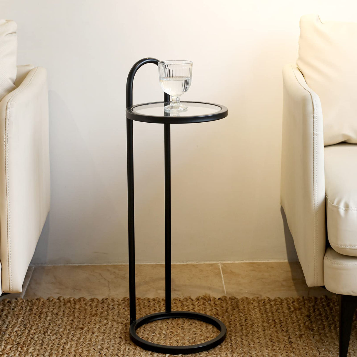 Black Glass Small Drink Snack Accent Martini Table, C Shaped Side End Table