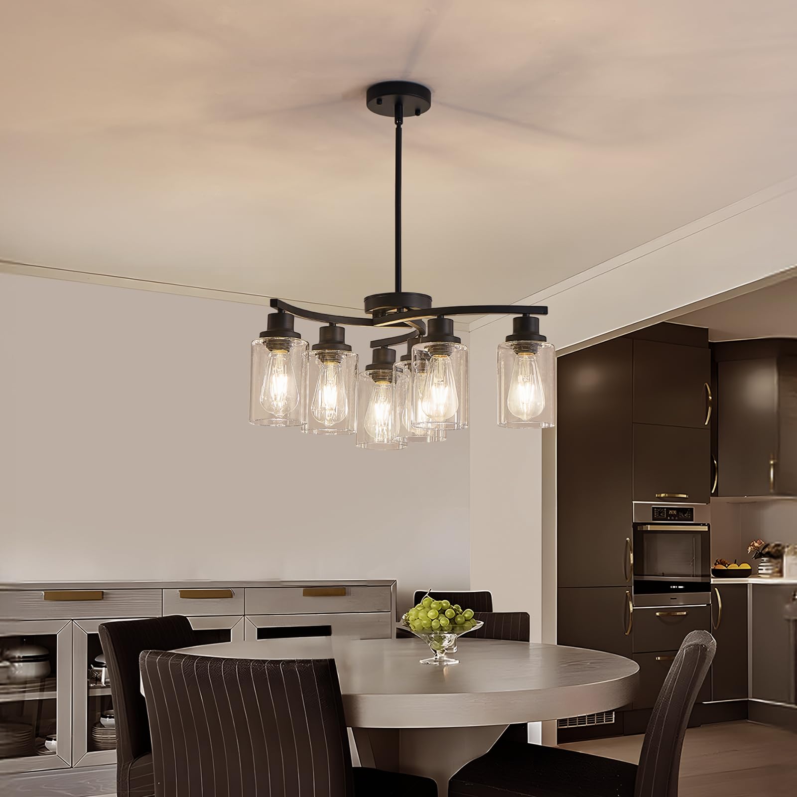 OTeedo 6-Light Modern Farmhouse Black Chandeliers for Dining Room,Kitchen Black Chandeliers Over Table,Adjustable Height Hanging Whirlwind Pendant Lights,Clear Glass Shade Ceiling Light Fixture