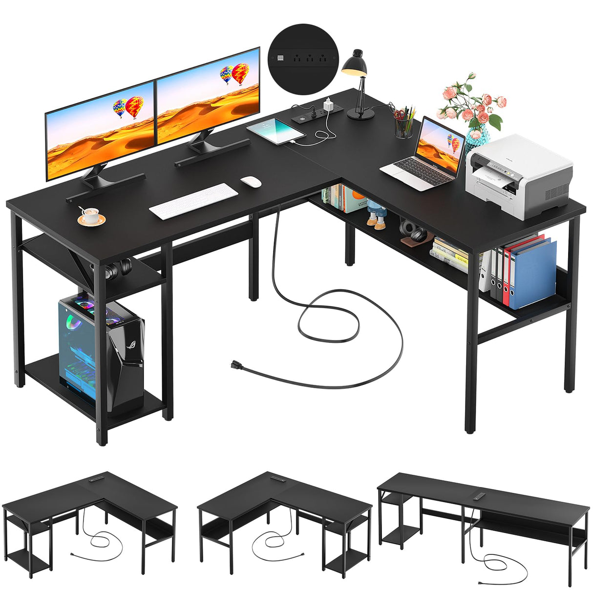 Reversible L Shaped Desk with Magic Power Outlets and USB Charging Ports