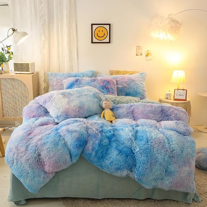 Faux Fur Tie-Dyed Black White Gray Colorful Comforter Cover Duvet Cover Queen