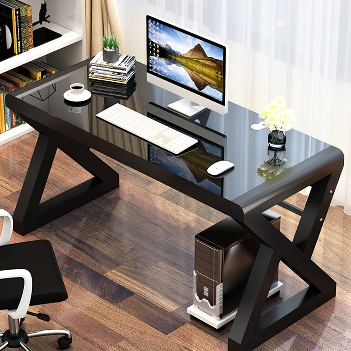Computer Desk Home Office Desks, 55.1 Inch Modern Simple Office Black Glass