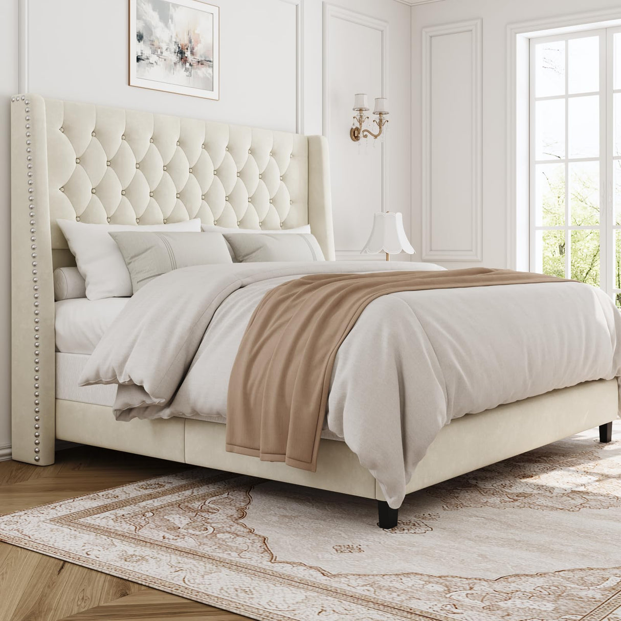 Queen Upholstered Bed Frame with 55" Tufted Headboard - Platform Bed, No Box Spring Needed