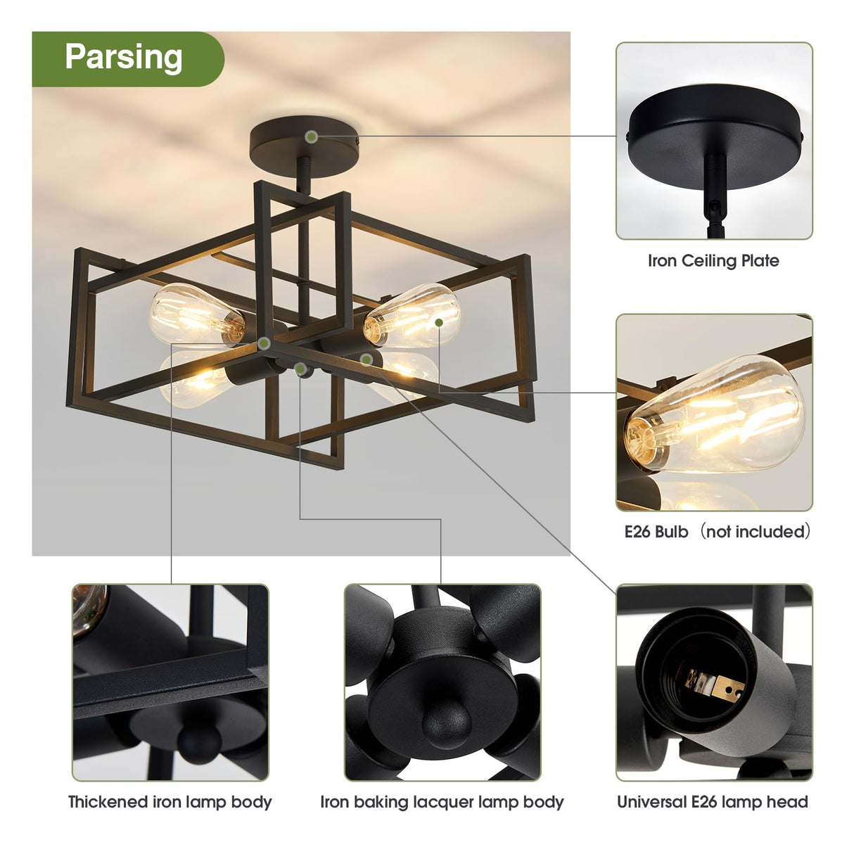 Modern Black Flush Mount Ceiling Light - 2 Pack