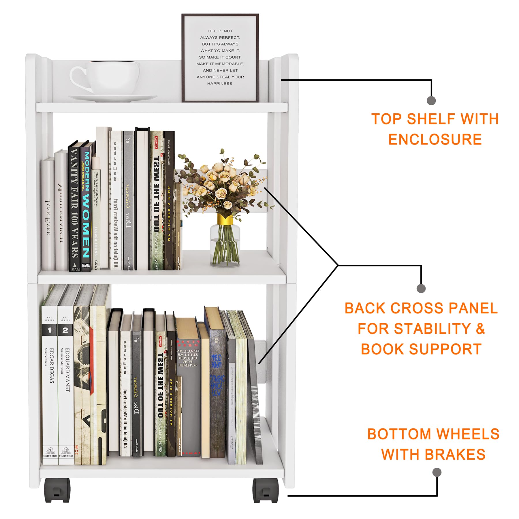 yeavs 3-Tier Side Table with Wheels, Moveable Bookshelf, Multi-Functional Rolling Bookcase Storage Cart Organizer for Office Living Room Bedroom Bathroom, White