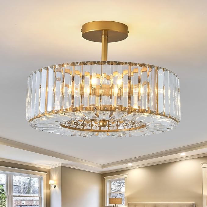 4 Lights Modern Crystal Chandelier Black Round Semi Flush Mount