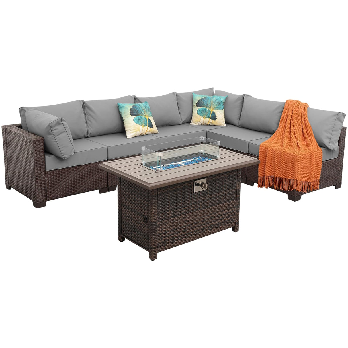 7 Pcs Outdoor Sectional Patio Couch 60000 BTU Wicker Propane Fire Pit Table Outdoor