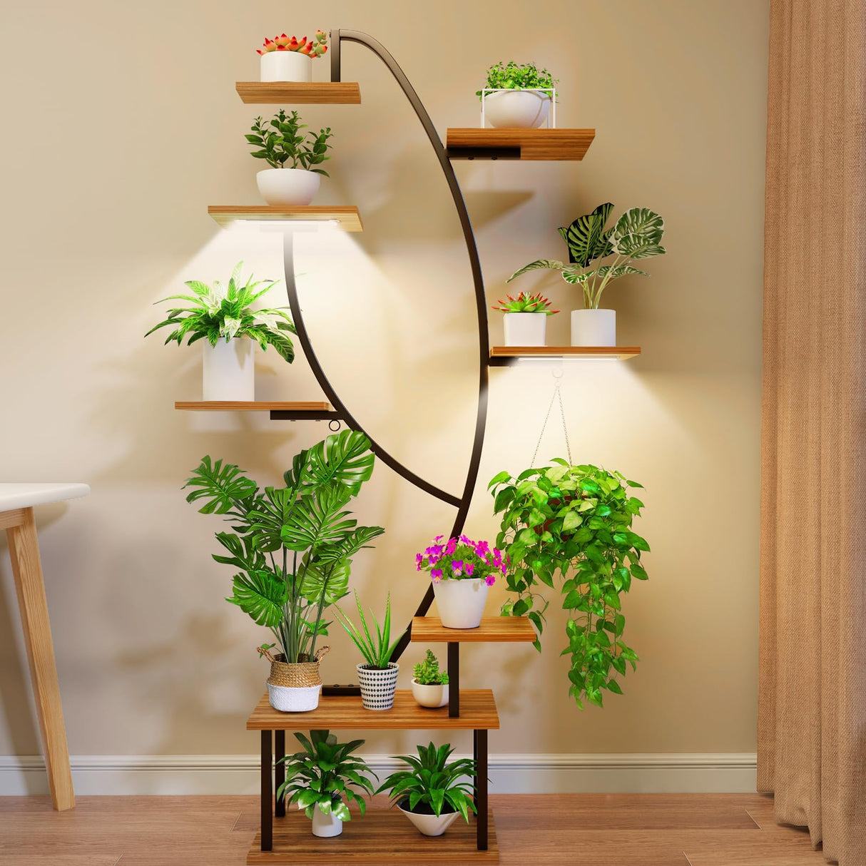 8-tier metal plant stand with LED grow lights for indoor plants