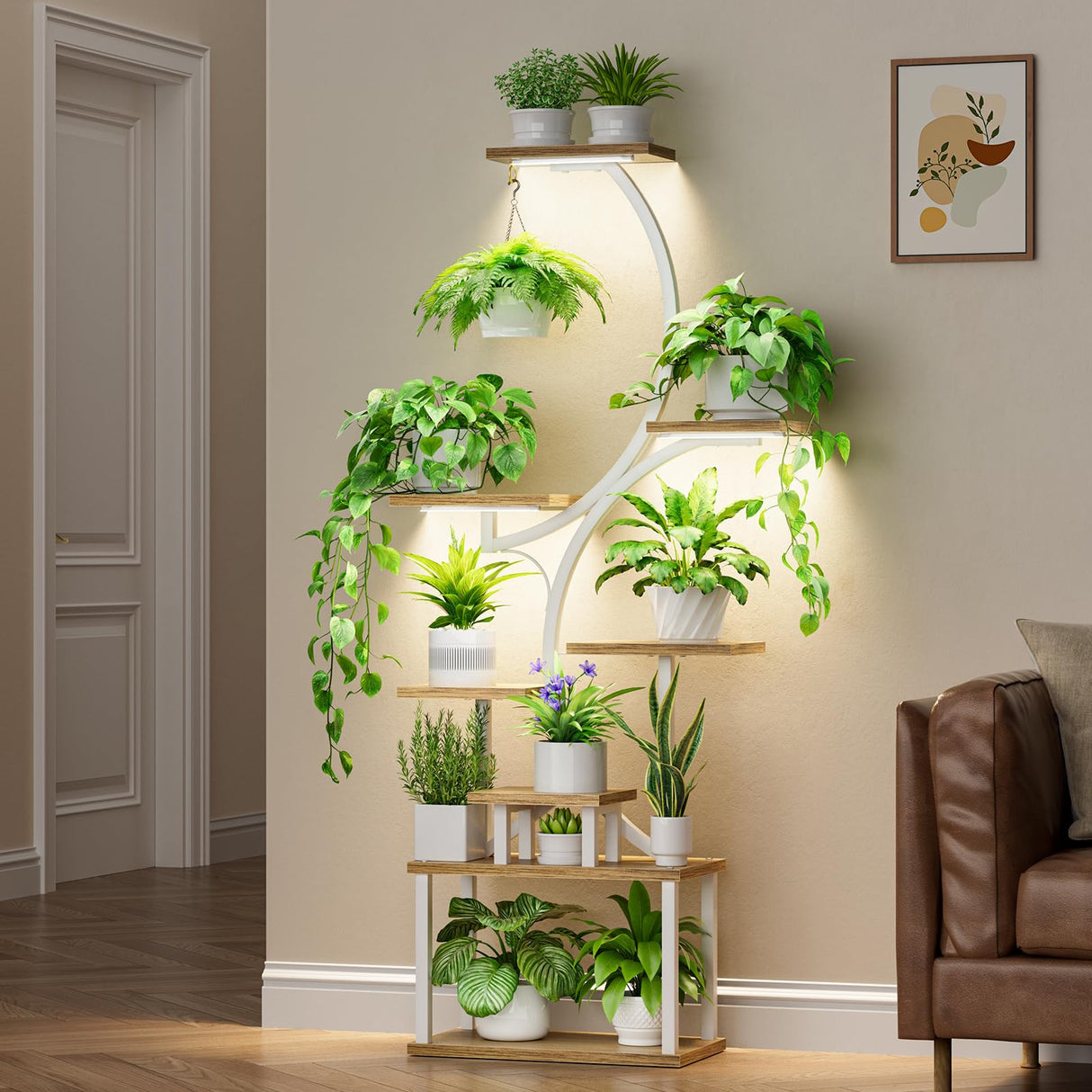 8-tier metal plant stand with grow lights for indoor gardening