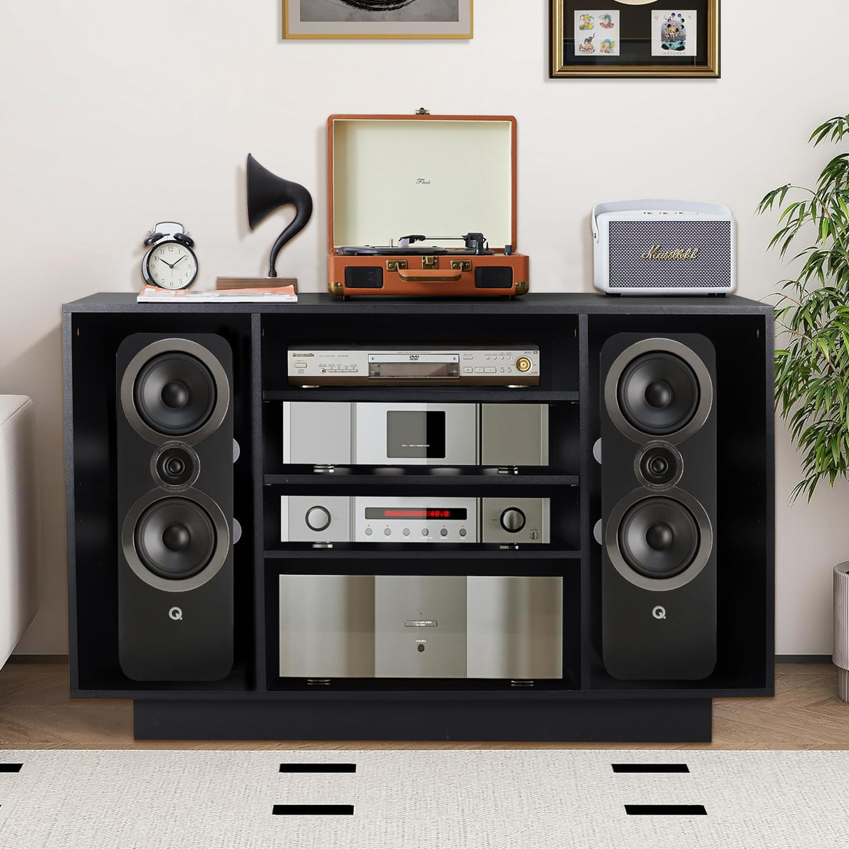 Media Cabinet, 5-Tier Shelves Media Console with 3 Hight-Adjustable Shelves