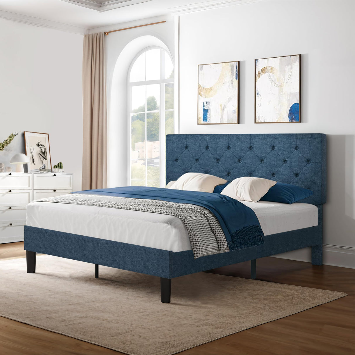 Full Size Bed Frame with Button Tufted Headboard, Upholstered Platform Bed with Wooden Slats Support, No Box Spring Needed, Easy Assembly, Navy Blue