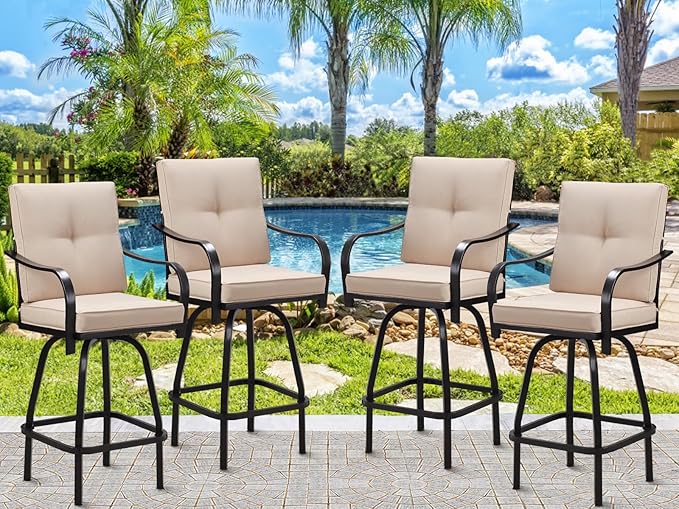 Patio Swivel Bar Stools Set of 4, Outdoor Bar Height Patio Swivel Chairs