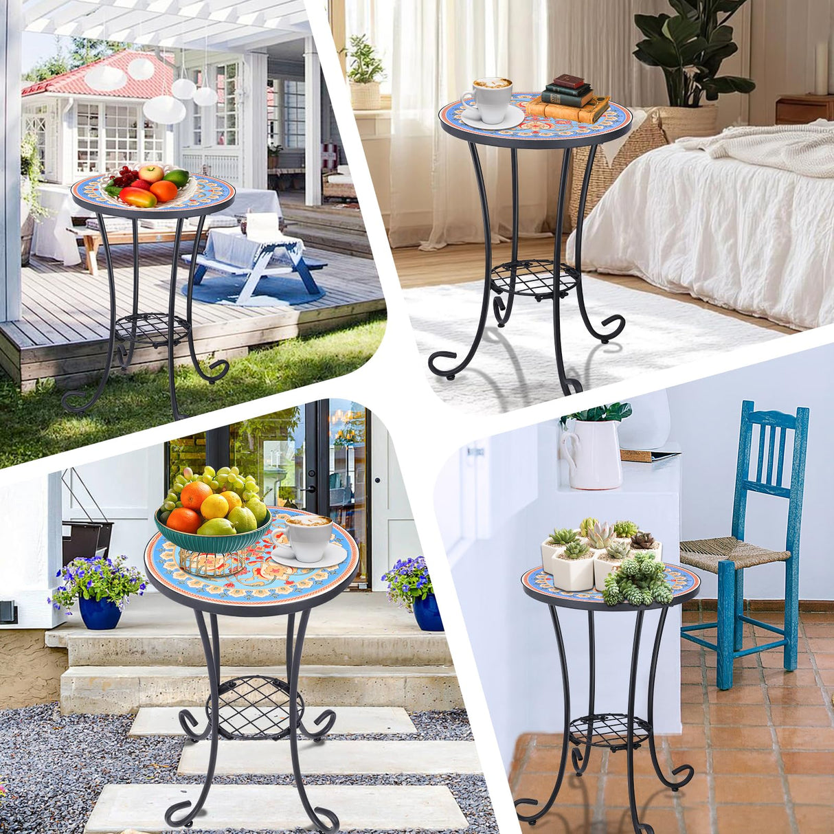 Mosaic Outdoor Side Table, Round Rustproof Patio Table