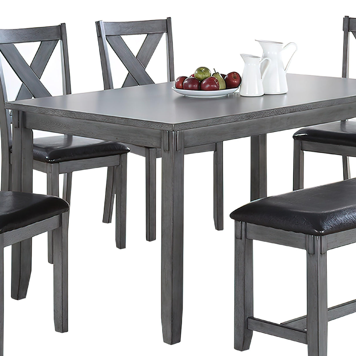 6 Piece Dining Set with Table, 4 Chairs and Bench, Faux Leather, Gray, Black