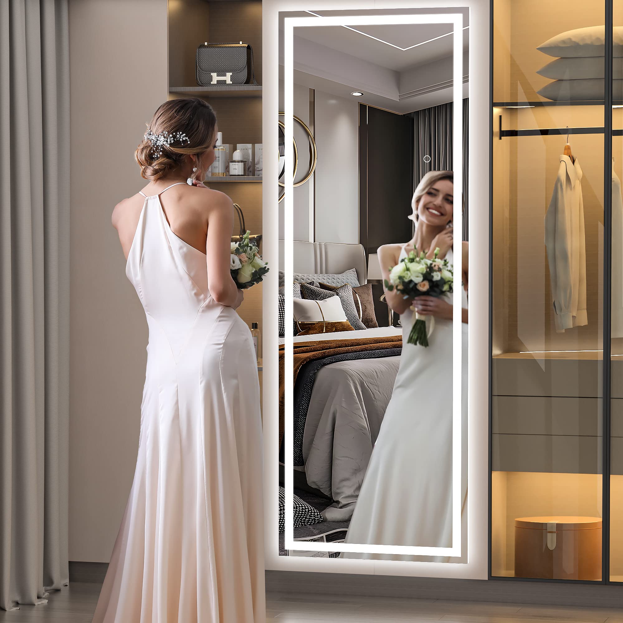 Full Length Mirror with Lights, 65" x 20" LED Floor Mirror, Full Body Dressing Standing