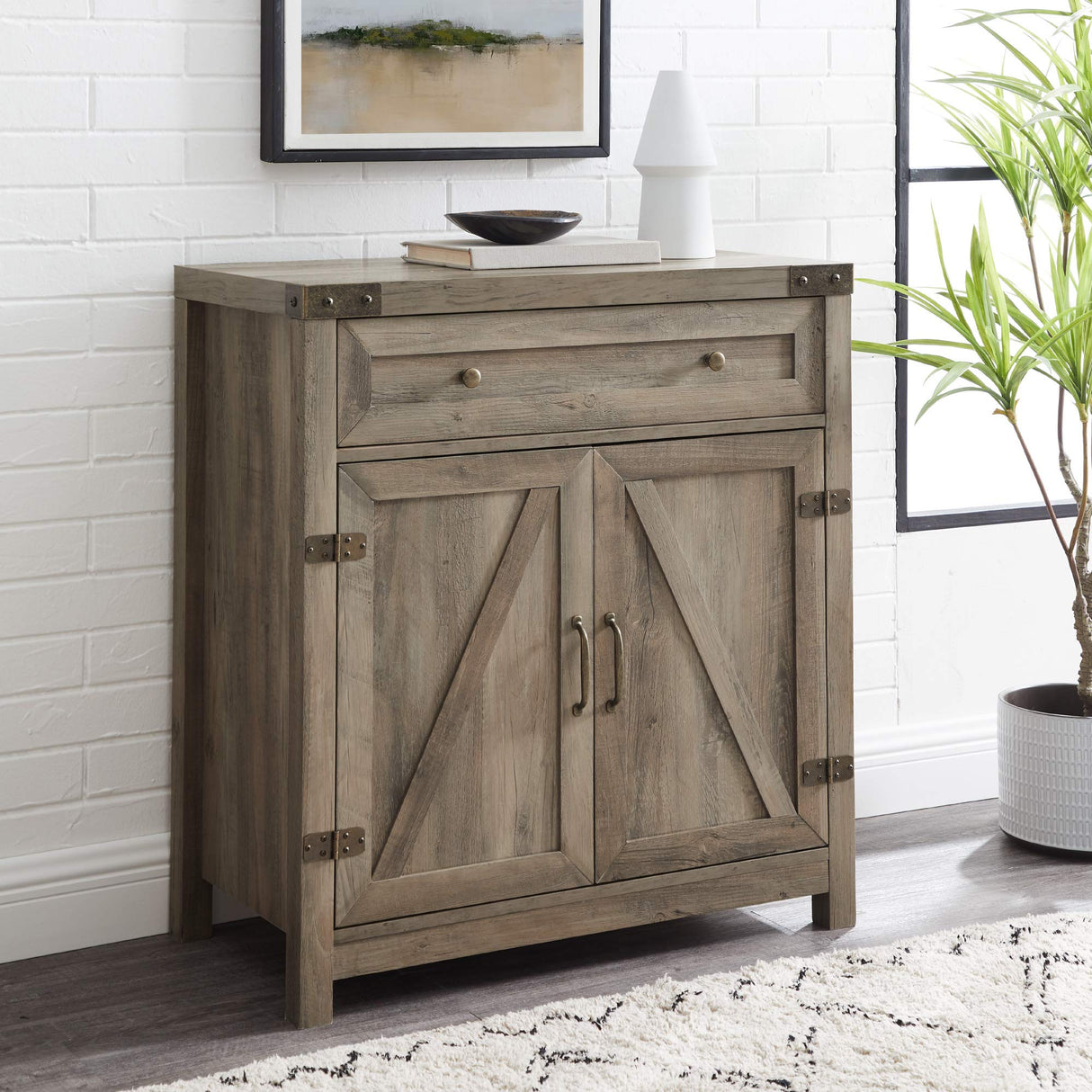 30" Farmhouse Barn Door Accent Cabinet - Grey Wash