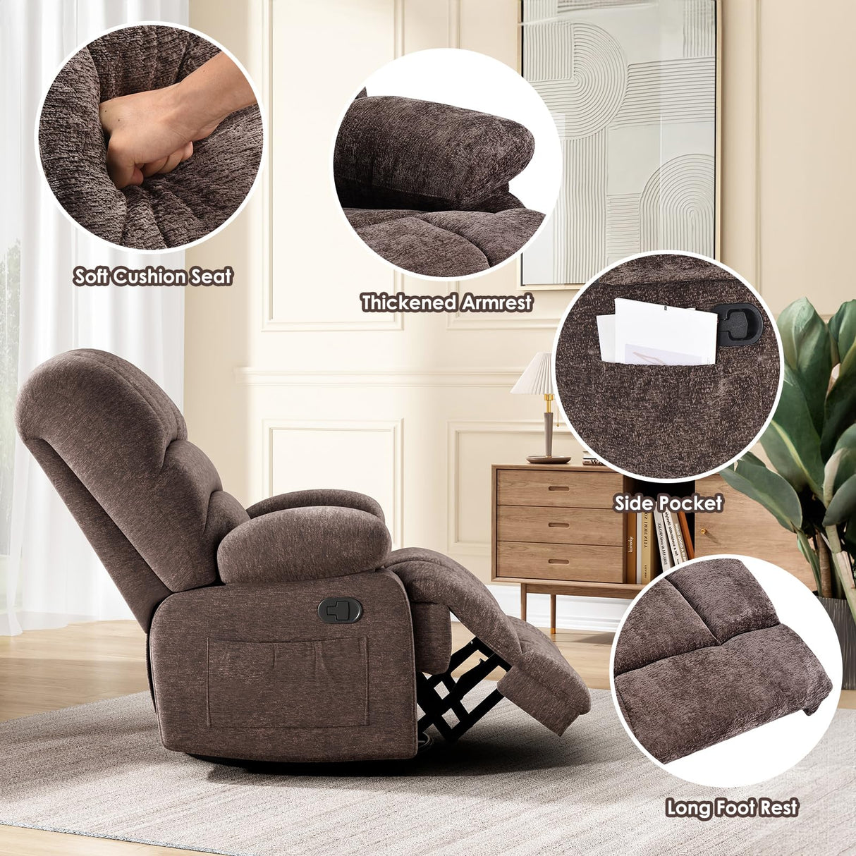 CloudRest Oversized Swivel Rocker Recliner Chair for Adults