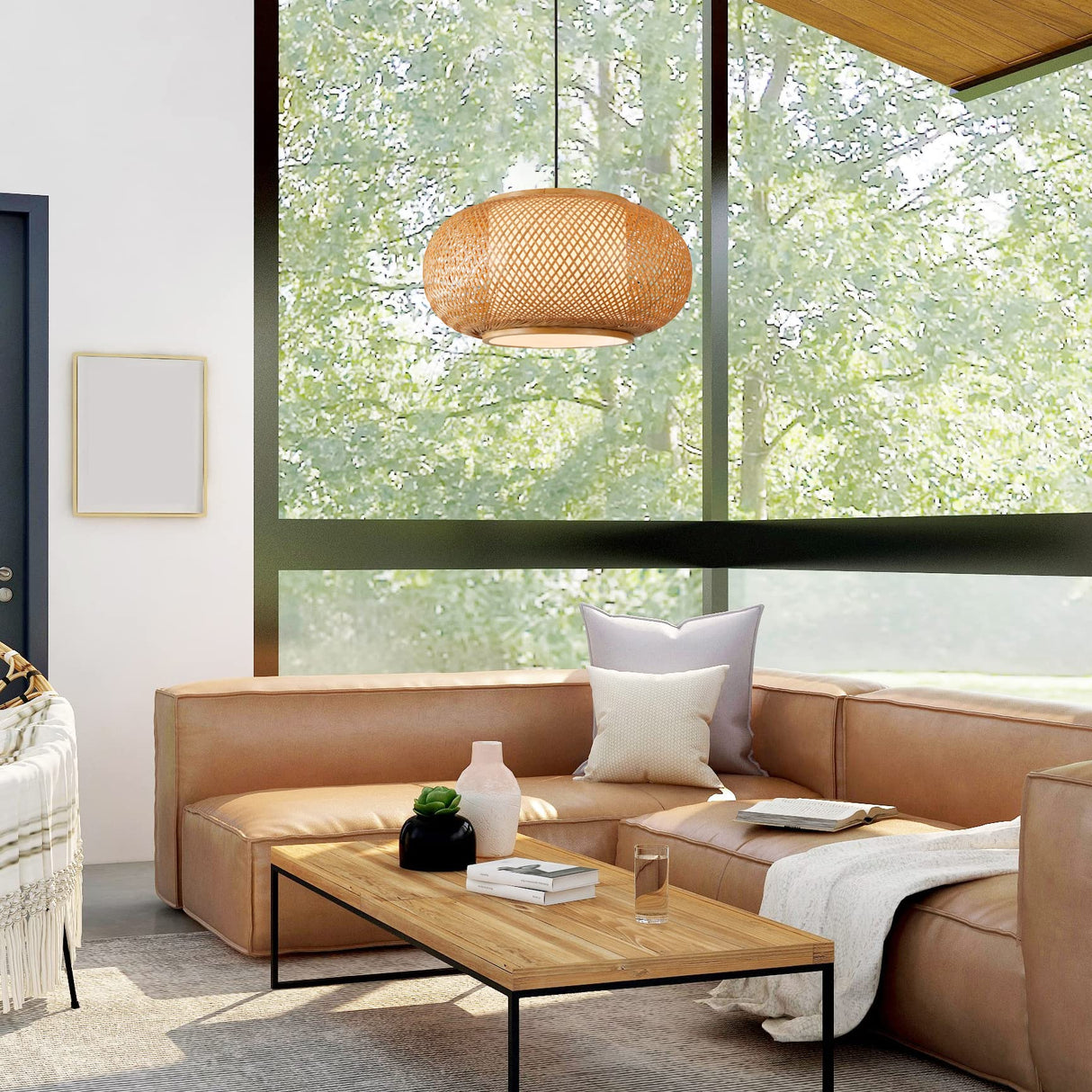 Bamboo Pendant Light Basket Weave Hanging Light, 1 Light Elegant Rattan Chandelier