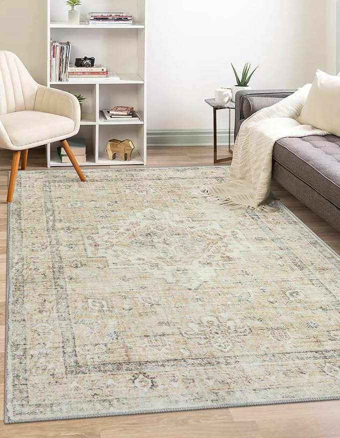 Boho Bedroom Rug 9x12 Under Bed, Soft Washable Beige Area Rugs for Living Room