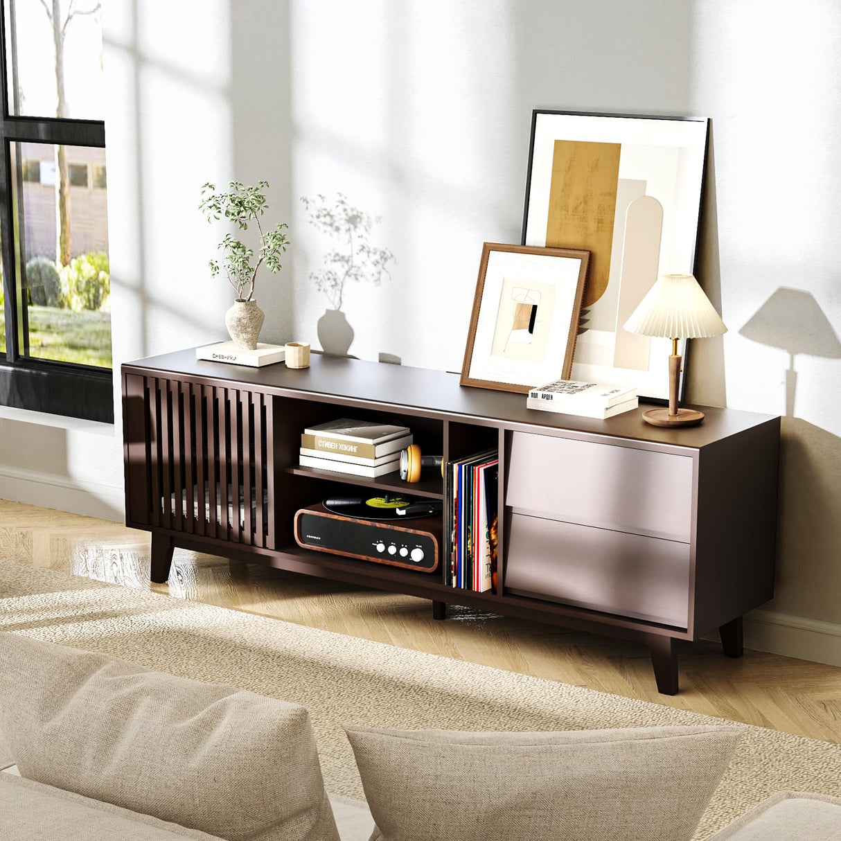 Mid Century Modern TV Stand with 4 Drawers