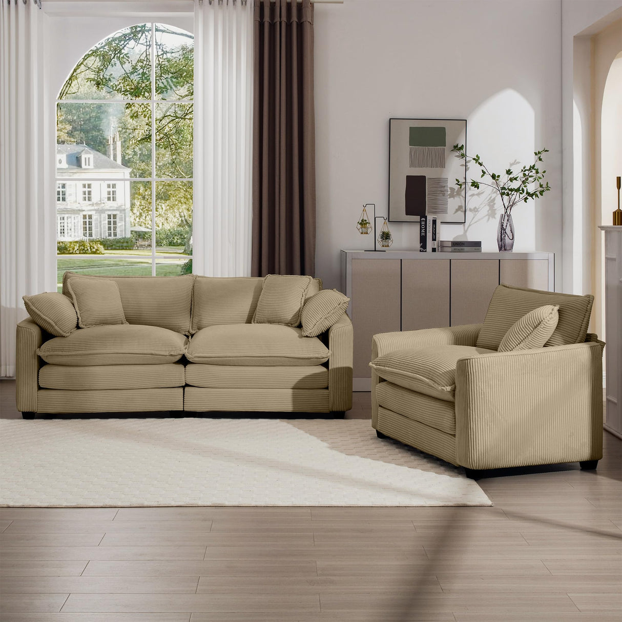 Ergonomic Two-Piece Living Room Sofa Set with Soft Fabric - Single Seat & 3-Seater in Tan