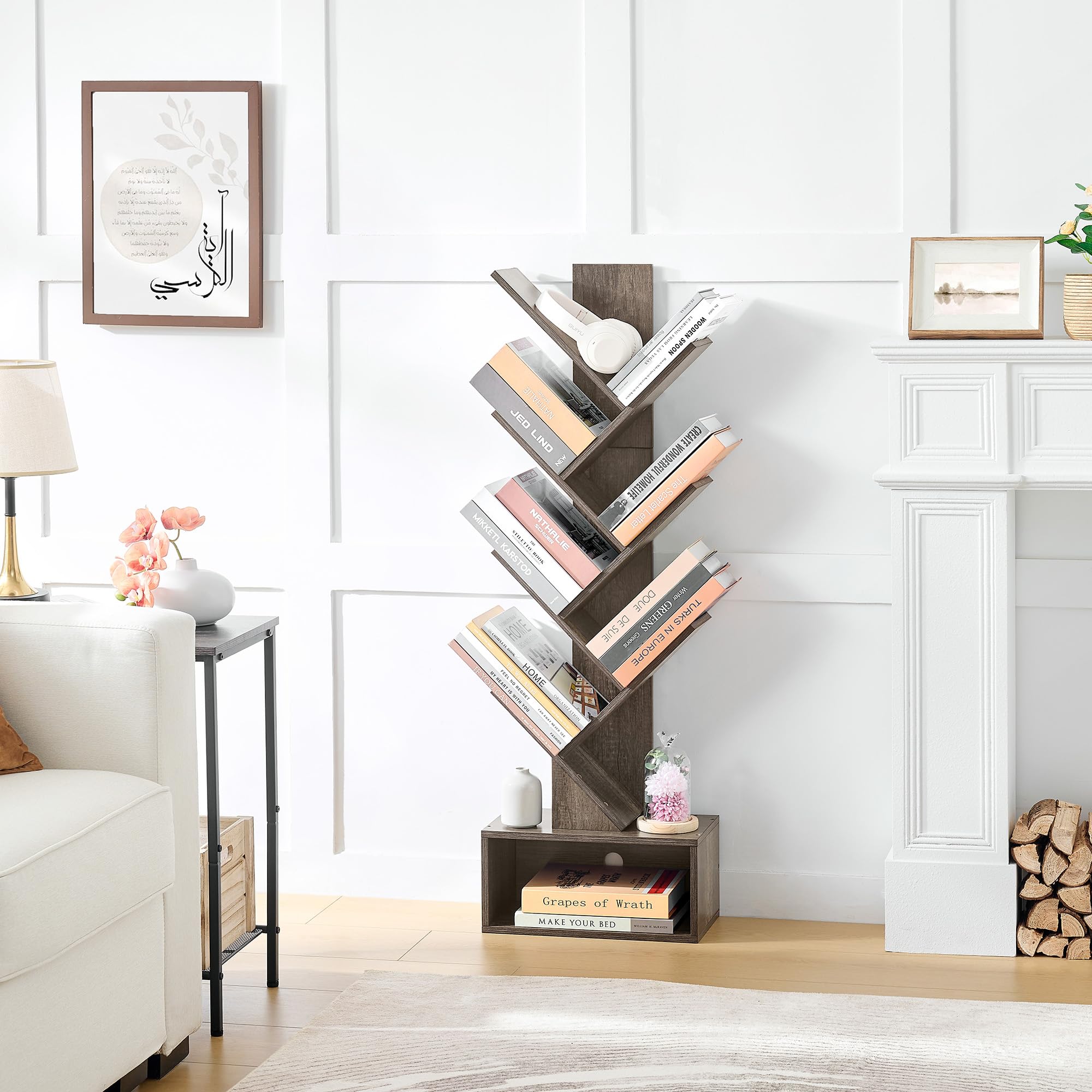 6 Tier Tree Bookshelf, Tall Bookcase with Drawer, Freestanding Book Shelf