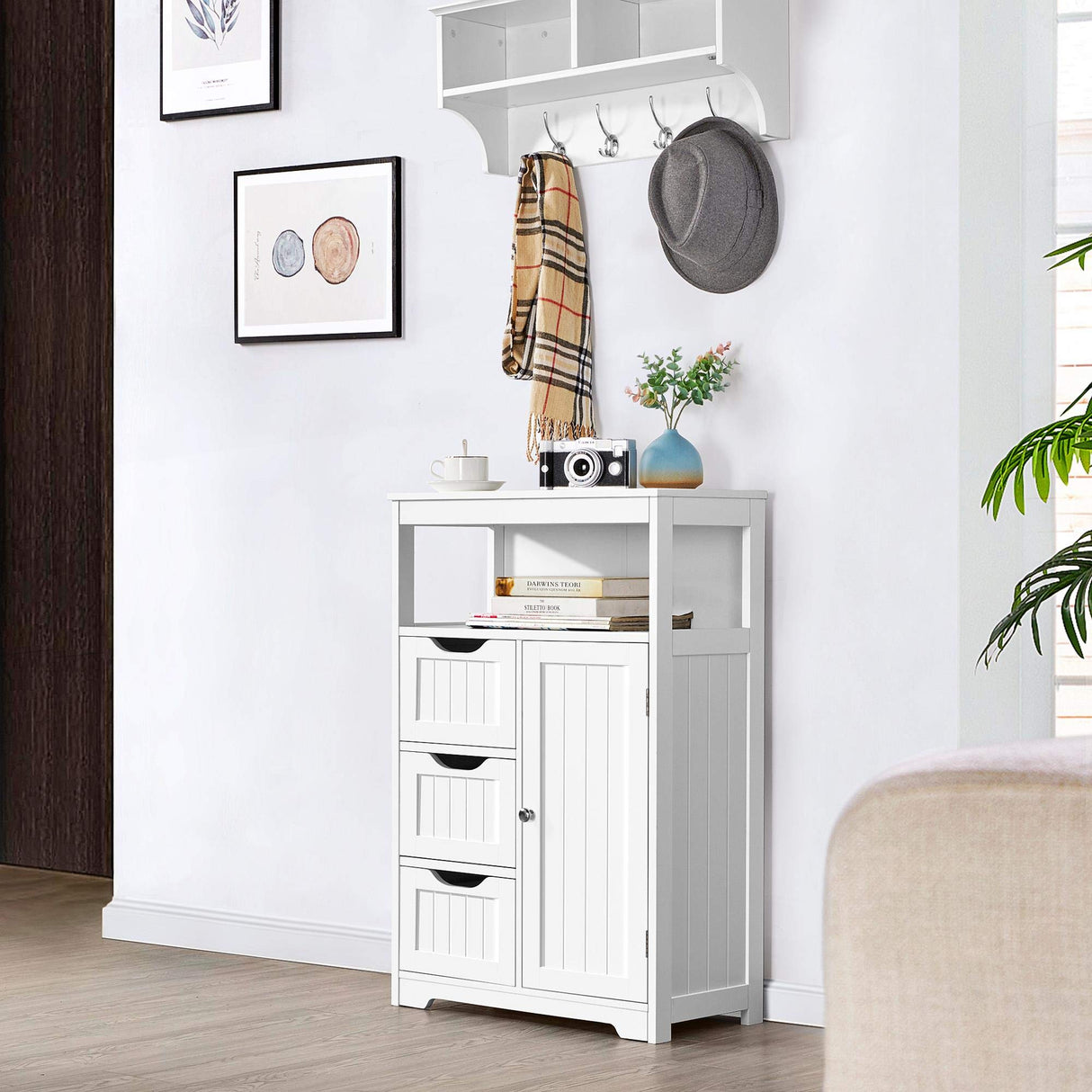 Bathroom Floor Cabinet Wooden Storage Organizer with 1 Door and 3 Drawers, Free-Standing Cupboard