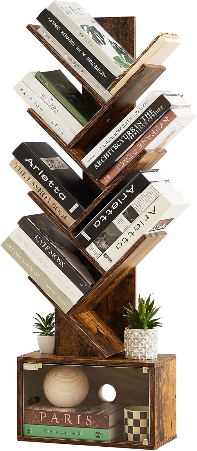 7-Tier Tree Bookshelf with Drawer, Wooden Tree-Shaped Book Display Shelves for CDs/Magazines/Books, FreeStanding Geometric Bookcase Organizers for Home Office, Ivory White