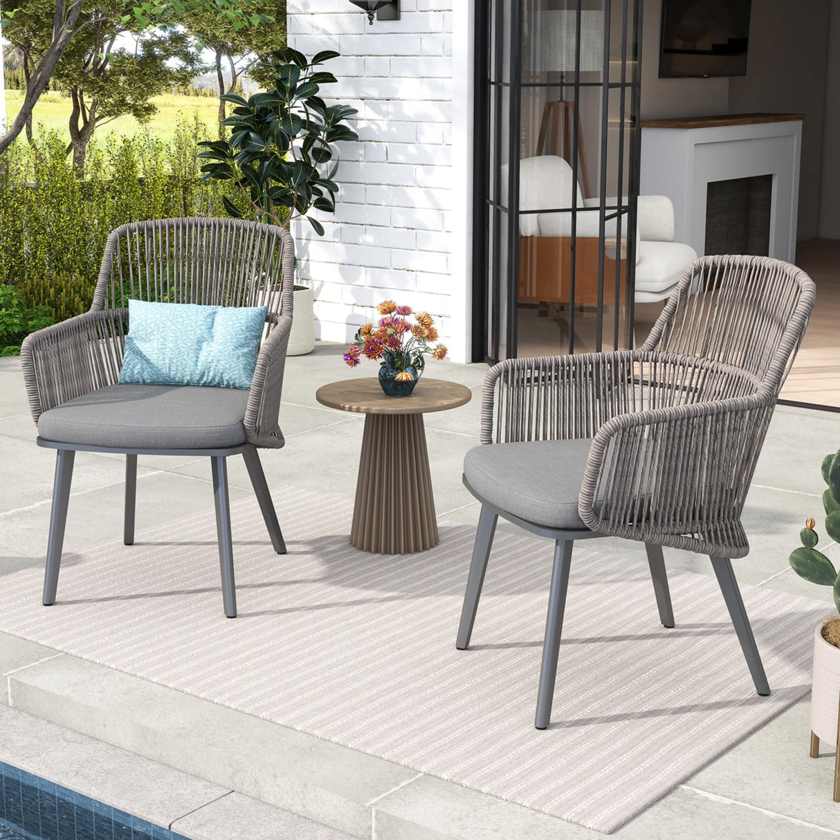 Patio Dining Chairs Set of 4, Woven Rope Outdoor Dining Chairs w/Steel Frame