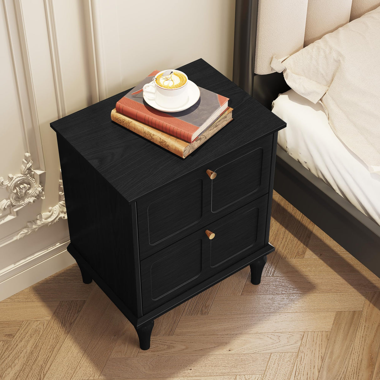 Mid-Century Modern Nightstand with Storage Drawers and Solid Wood Legs, Wood End