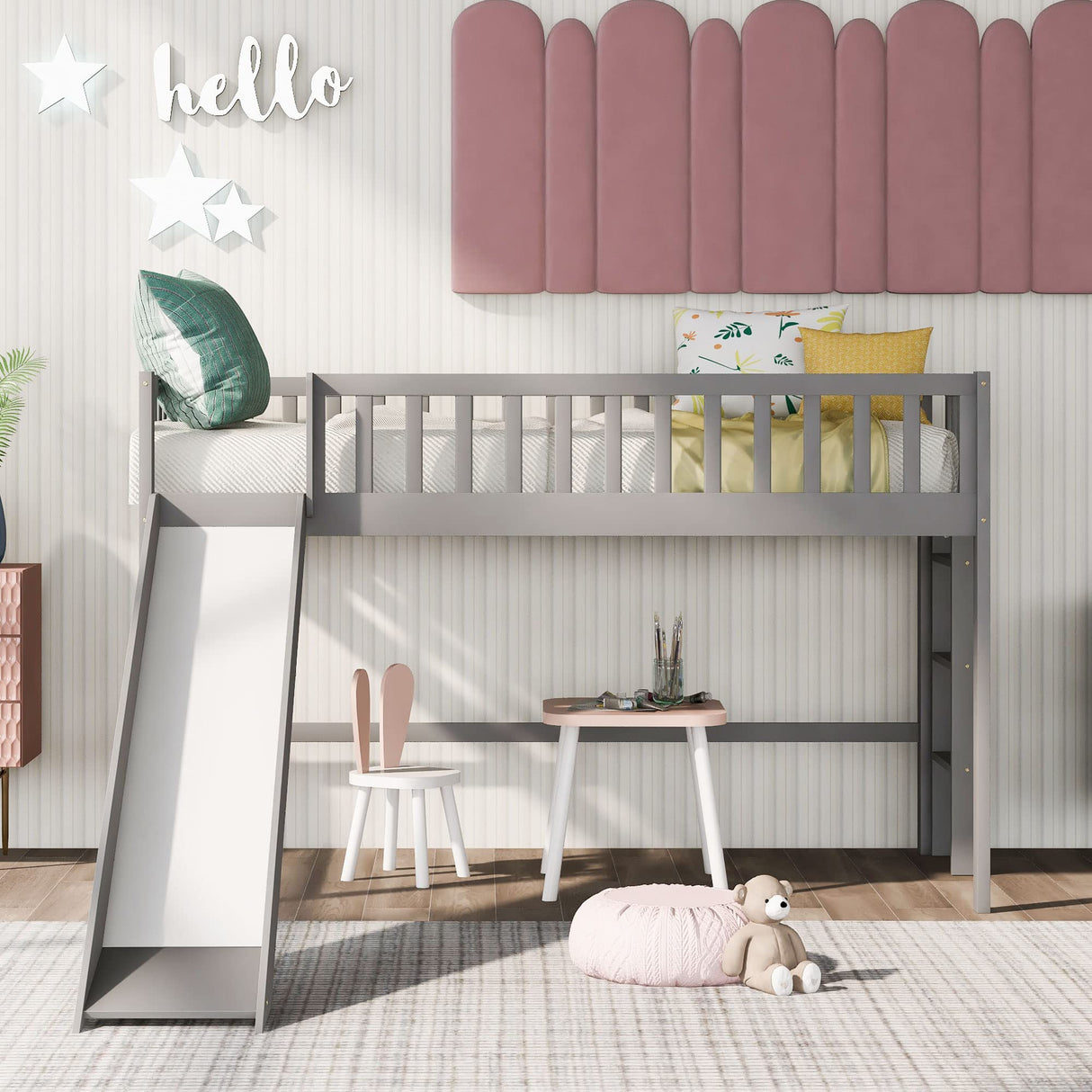 Twin Loft Bed with Slide,Wood Loft Bed Low Profile