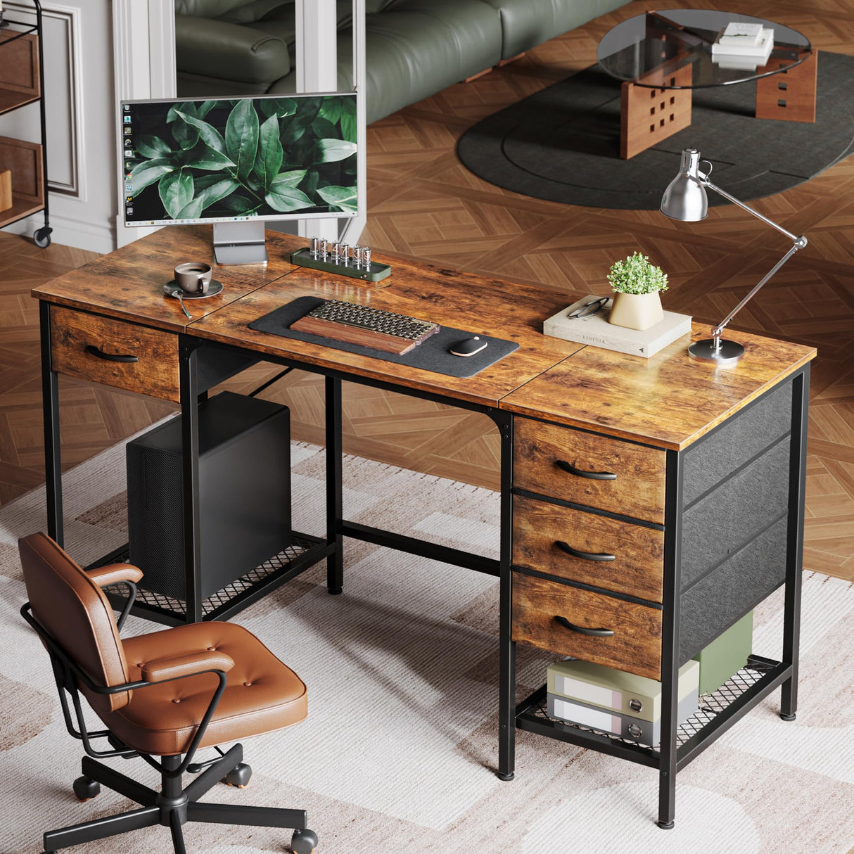 55 Inch Computer Desk with 4 Drawers, Office Desk with Mesh Shelf