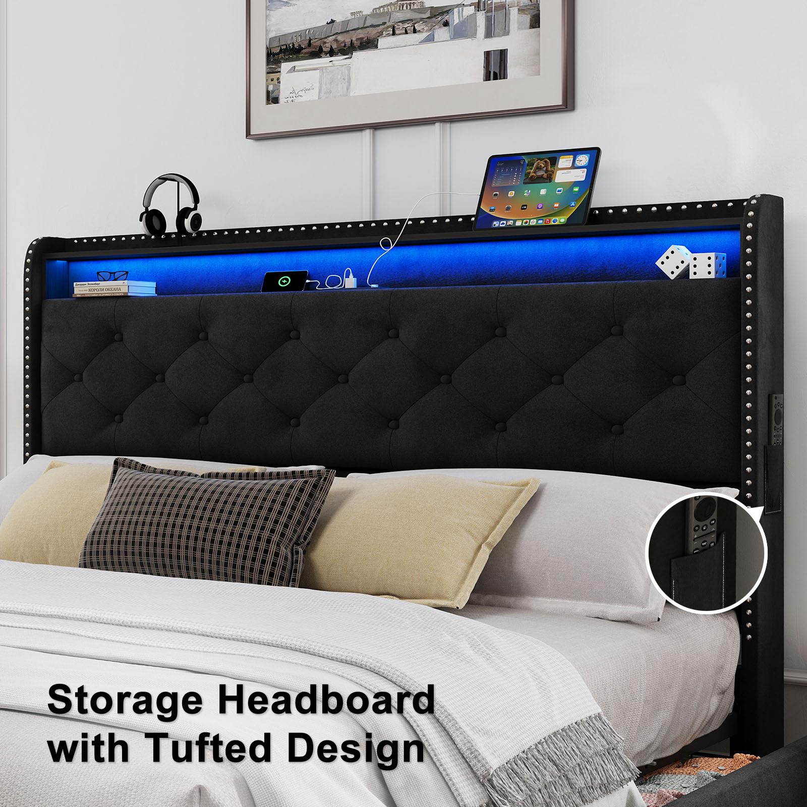 LARMACE Queen Size Bed Frame with LED Lights & USB Charging Station, Velvet Upholstered Platform Bed with Storage Headboard and 4 Drawers, Noise Free, Easy Assembly, Black