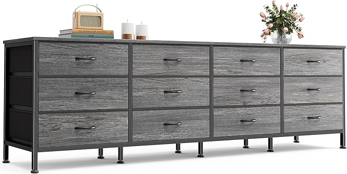 70 Inch Dresser for Bedroom, TV Stand for 65, 75, 80 Inch TV, 12 Fabric Drawer Long