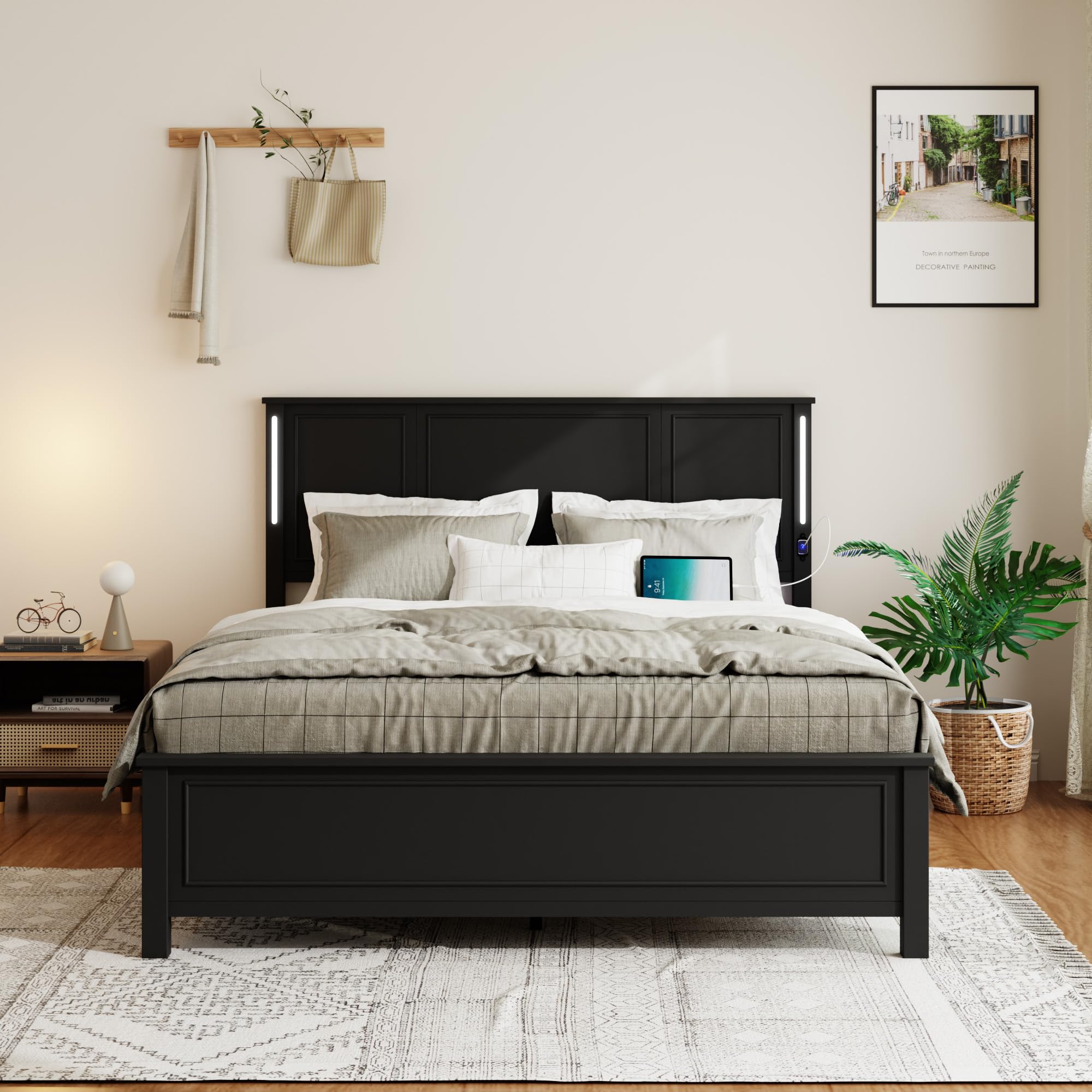 Wooden Bed Frame Queen Size with Headboard, Farmhouse Platform Bedframe