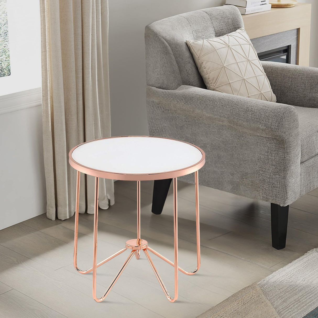 Alivia Round Glass Top End Table in Frosted Glass and Rose Gold