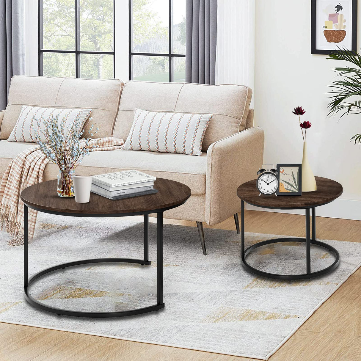 Nesting Coffee Table 31.5IN Set of 2, Rustic Brown Steel Frame Circular