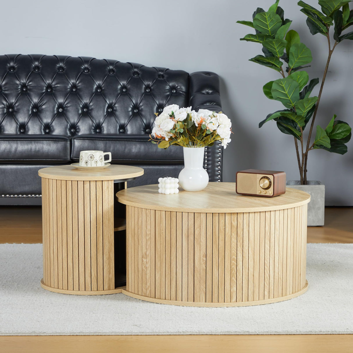 Coffee Table,Nesting Coffee Table Set of 2, Circle Side Table, Round Wooden Coffee Table
